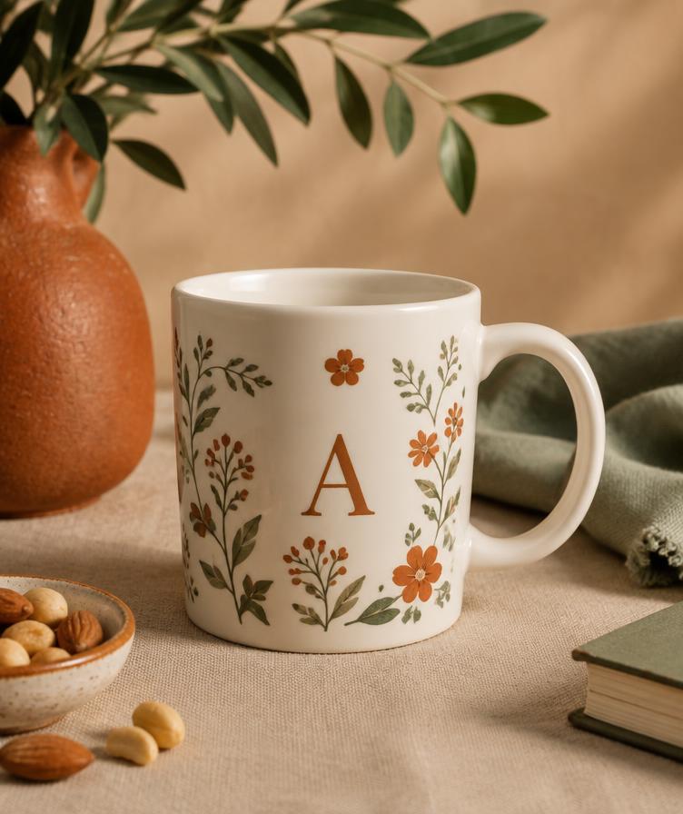 Caneca personalizada com inicial e flores