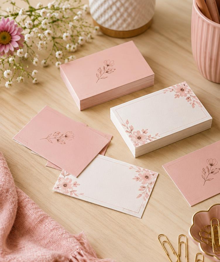 Cartões de contato personalizados em tons de rosa com detalhes florais